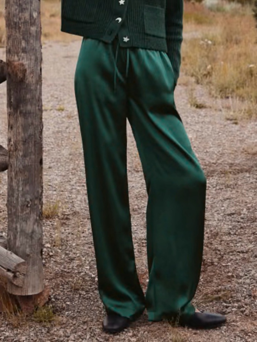 LOFT Sawyer Wide-Leg Satin Pants in Deep Green